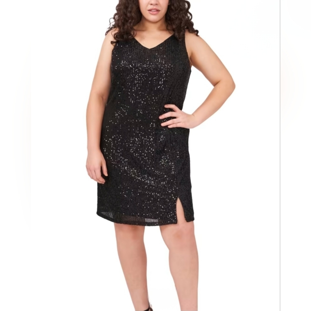 1. State Phoebe Slip Rich Black Time Sequins Dress Size 14W Above Knee Cocktail